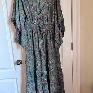 Anthropology Boemo Maxi Prairie dress Size XL blue green paisley Flutter sleeves